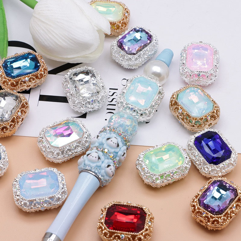 Heavy‑Duty Silver and Gold Alloy Square Beads with Multi-Color Rhinestones,About 21×17×10mm
