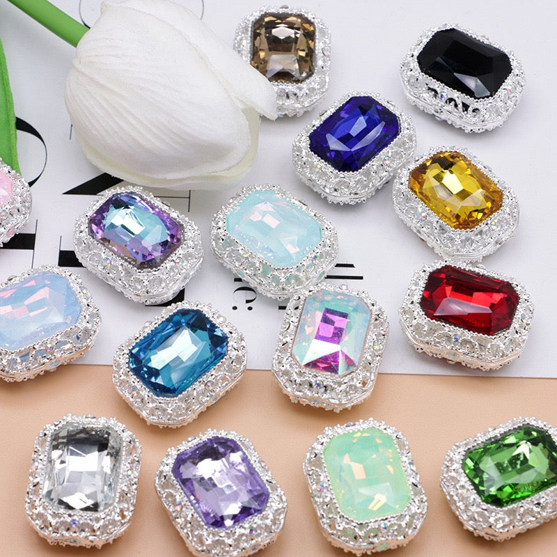 Heavy‑Duty Silver and Gold Alloy Square Beads with Multi-Color Rhinestones,About 21×17×10mm