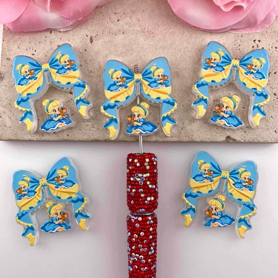 Princess With Teddy Bear Acrylic Beads Blue‑Yellow Bow and Decoration, For Pen Toppers,Random Mix