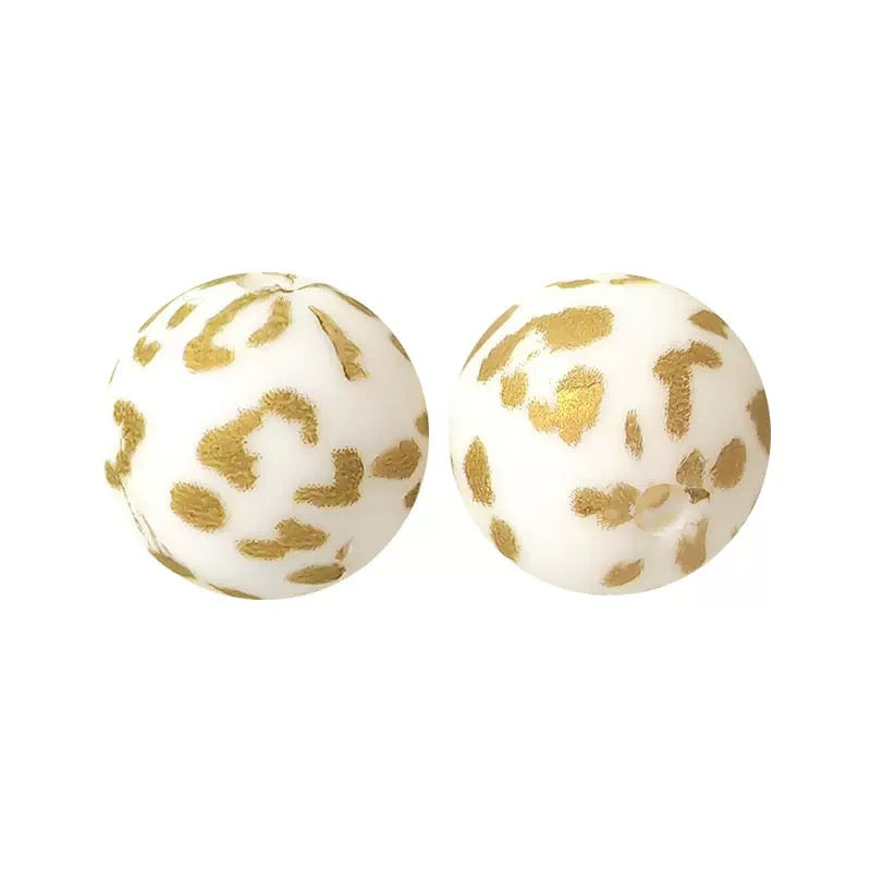 15mm White Base Gold Leopard Print Round Silicone Beads