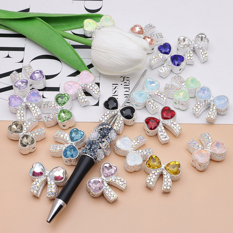 Paved Rhinestone Bow‑Knot Heart Rhinestone Beads,About 28×25×15mm