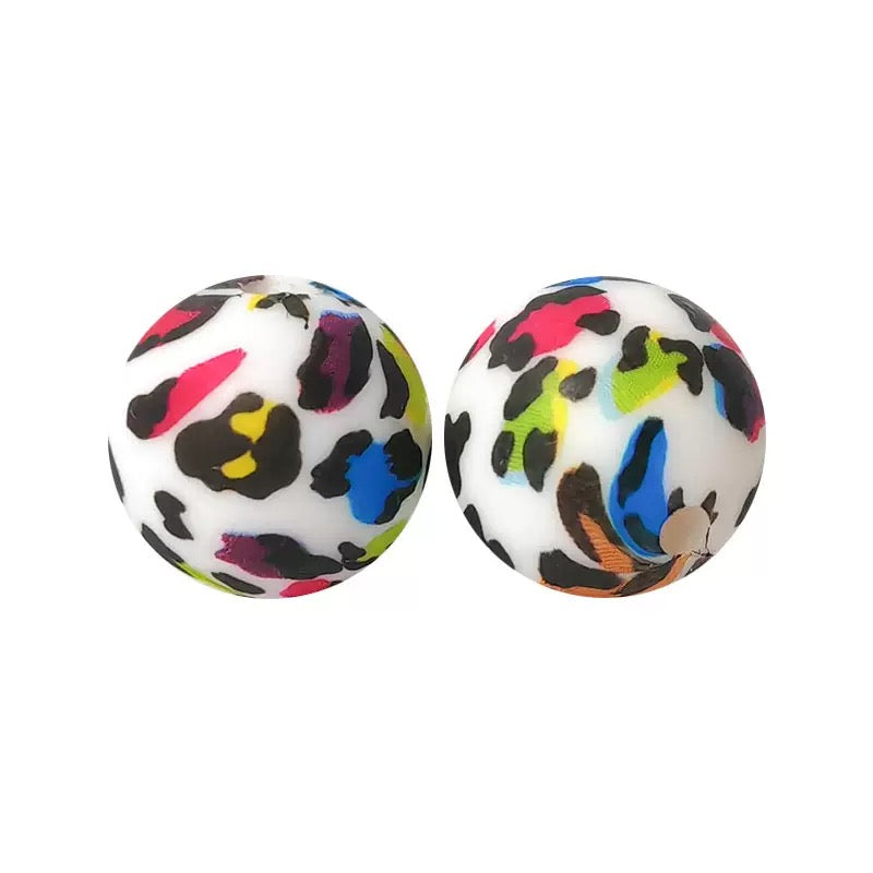 15mm White Base Rainbow Multicolor Leopard Print Round Silicone Beads