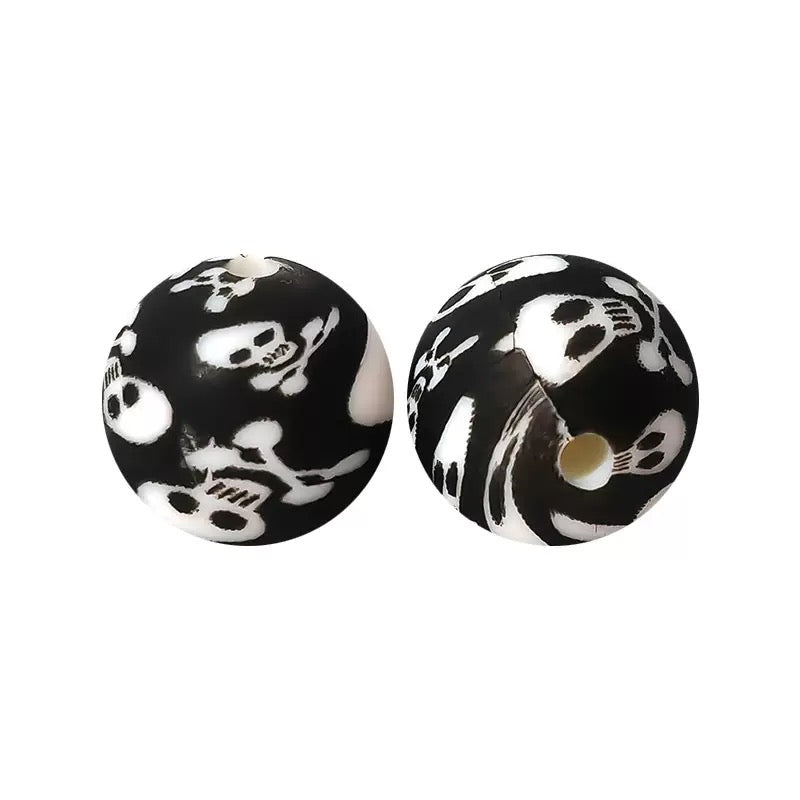 15mm Black‑White Skull Print Round Silicone Beads