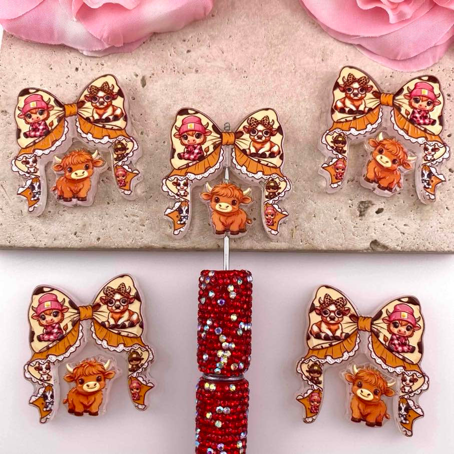 Cartoon Highland Cow Acrylic Beads Bow and Decoration, For Pen Toppers,Random Mix