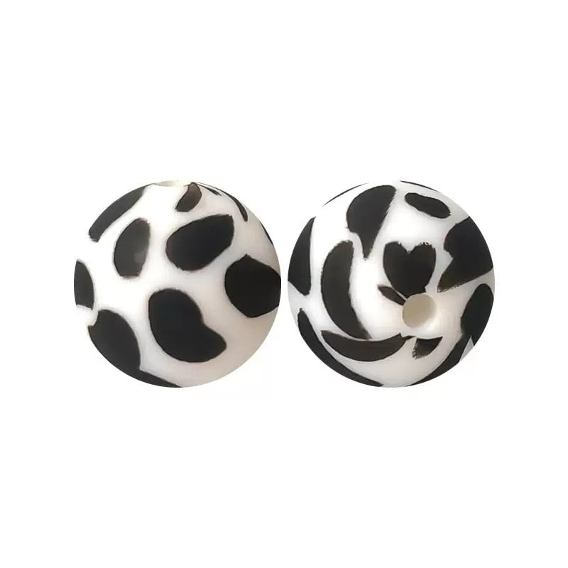 15mm White Base Black Leopard Print Round Silicone Beads