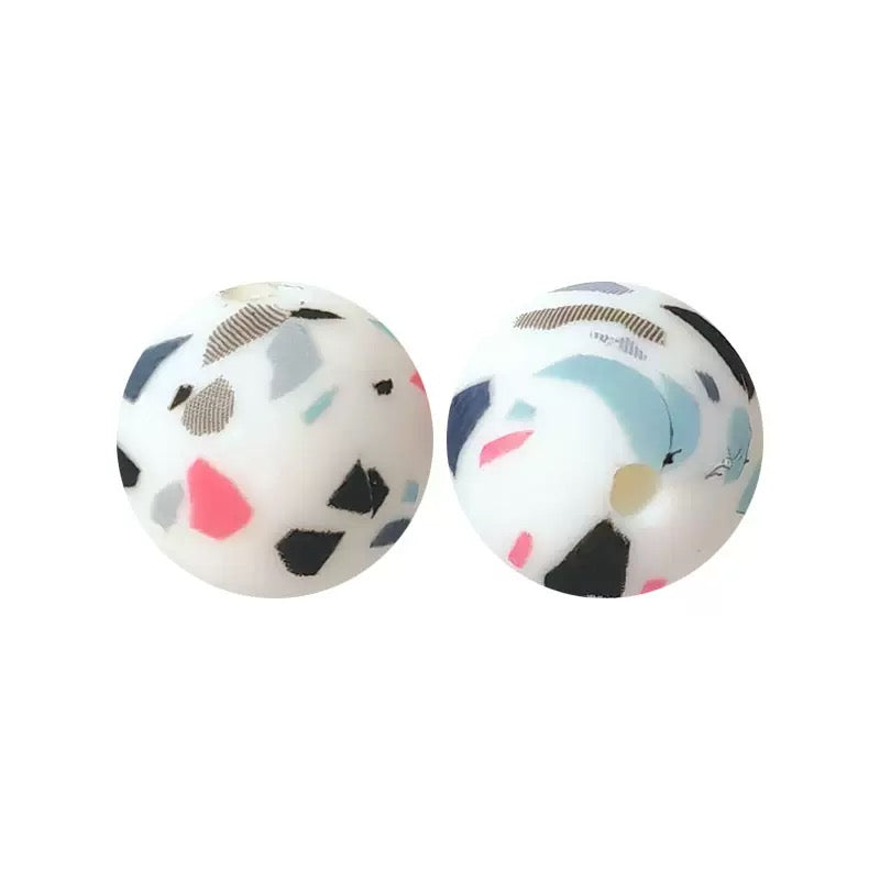 15mm Abstract White Printed Silicone Round Beads