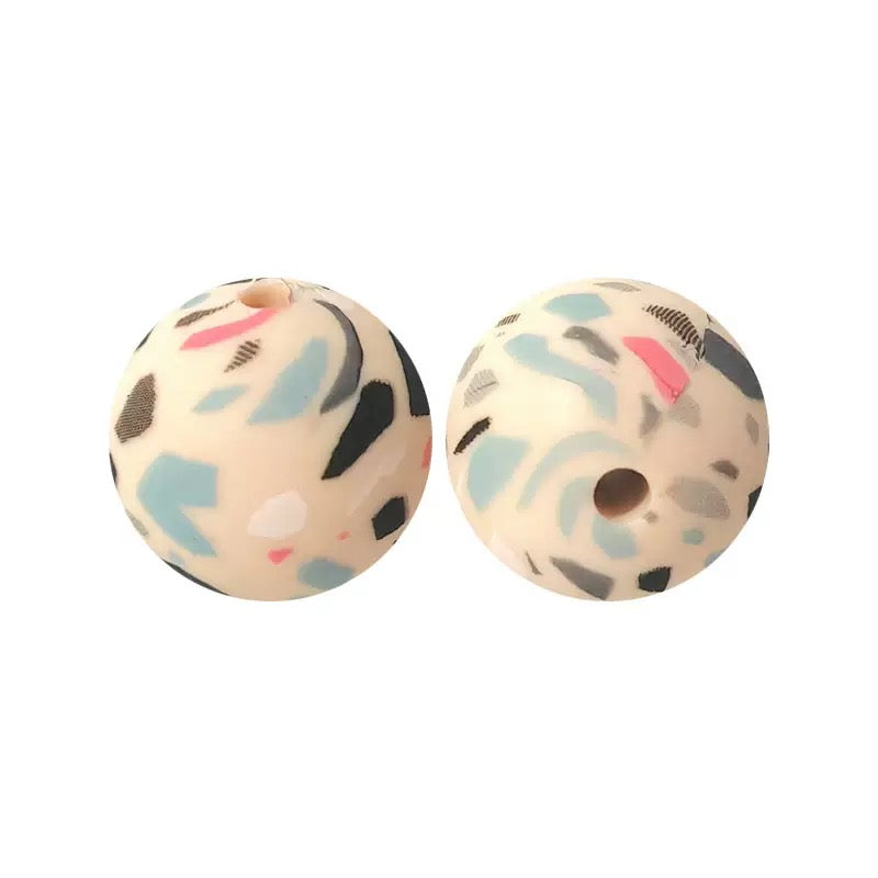 15mm Abstract Cream Printed Silicone Round Beads