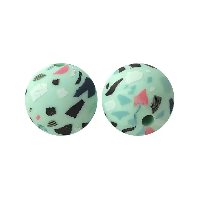 15mm Abstract Green Print Silicone Round Beads