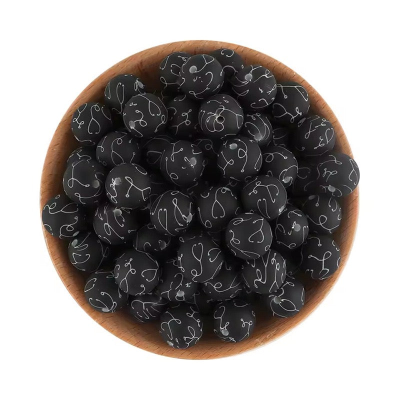 15mm Silicone Round Bead Black White Doodle Printed