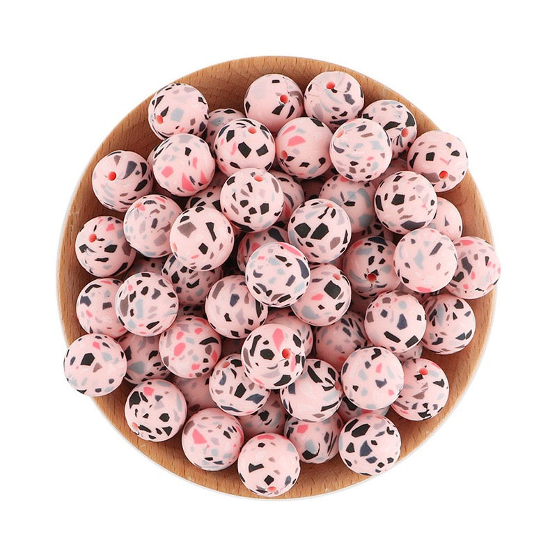15mm Abstract Pink Printed Silicone Round Beads