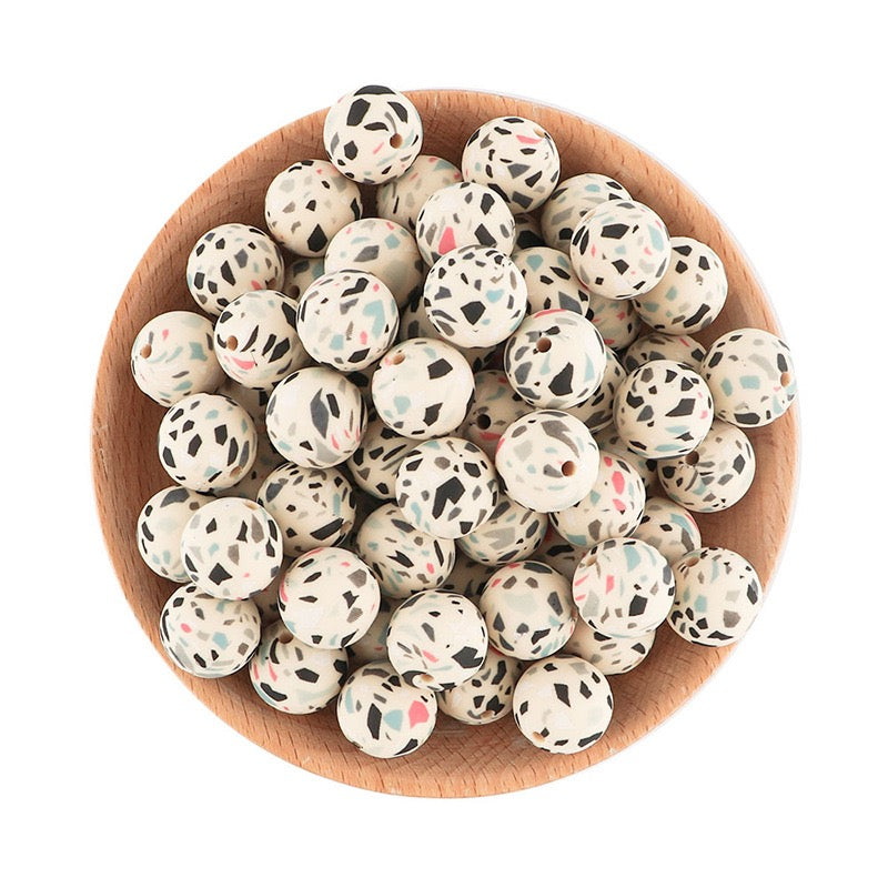 15mm Abstract Cream Printed Silicone Round Beads
