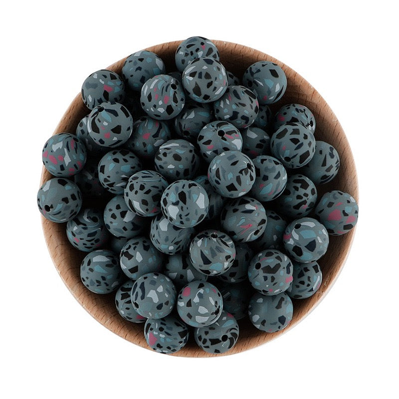 15mm Abstract Dusty Blue Printed Silicone Round Beads