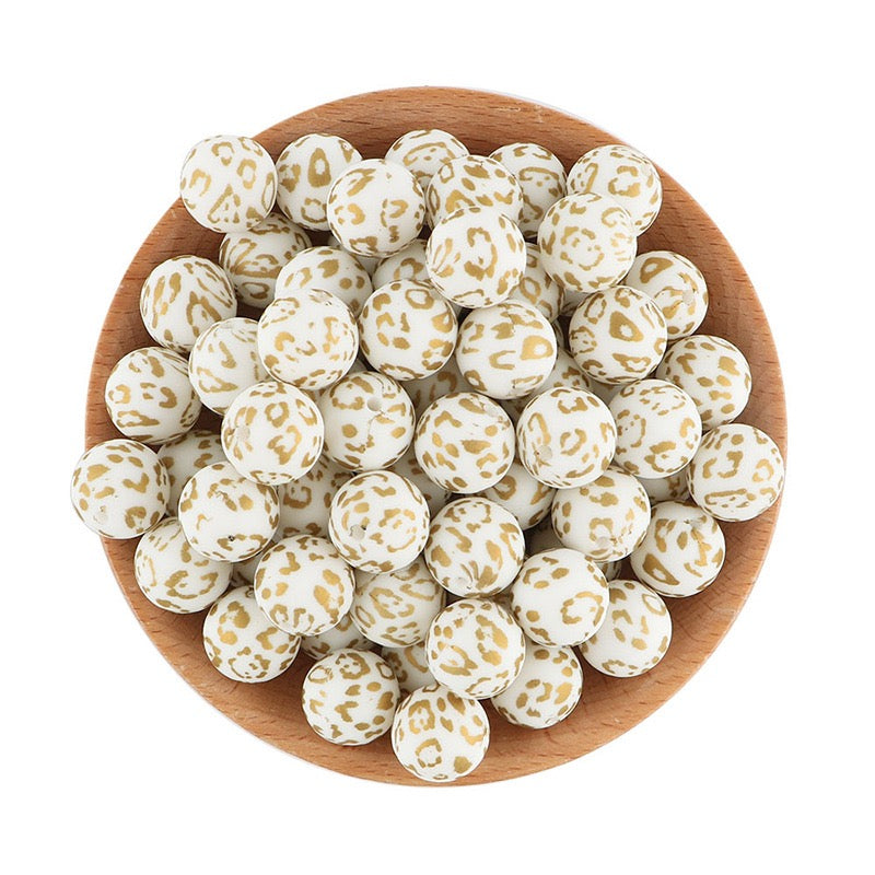 15mm White Base Gold Leopard Print Round Silicone Beads