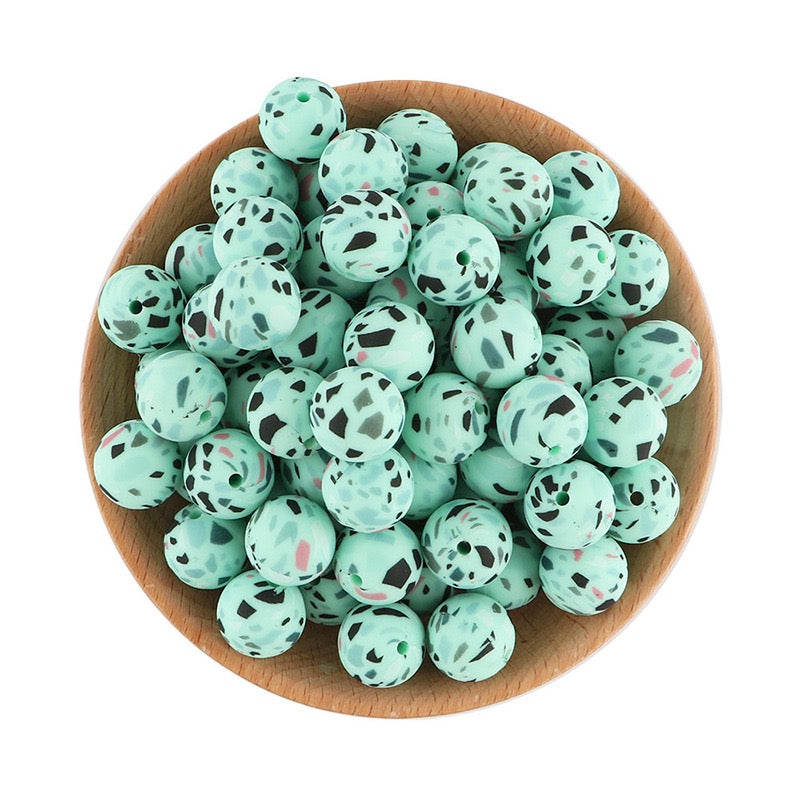 15mm Abstract Green Print Silicone Round Beads
