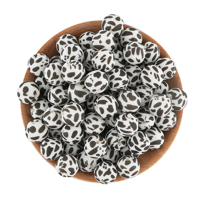 15mm White Base Black Leopard Print Round Silicone Beads
