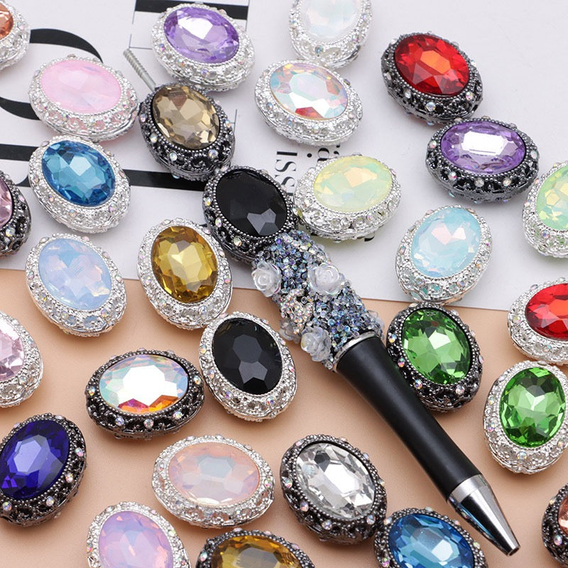 Bright Silver & Gun‑Black Metal Beads with Large Shiny Delicate Hollow Oval Rhinestone Inside,About 12×10mm