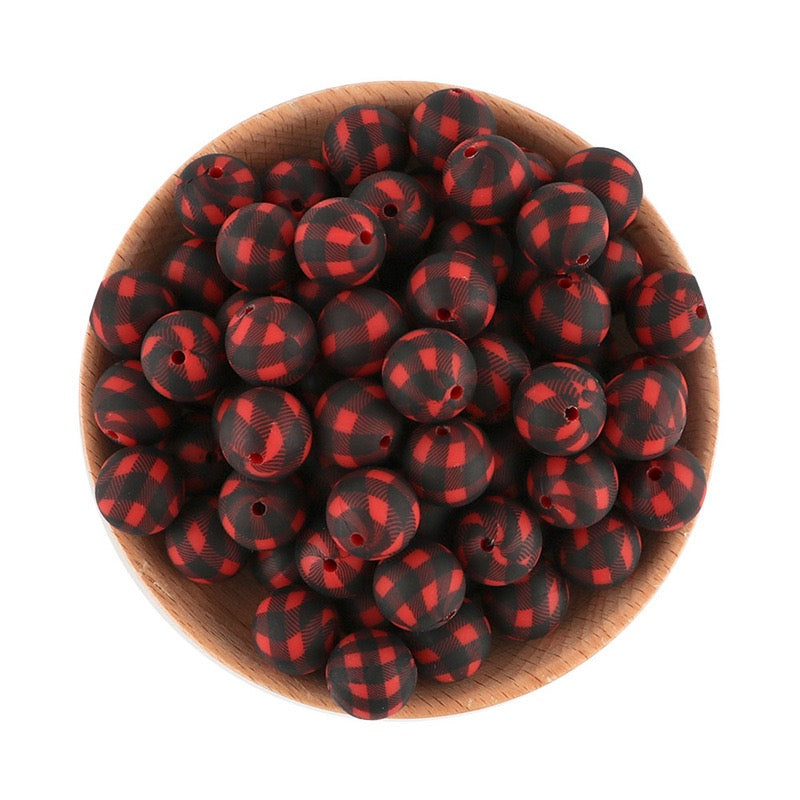 15mm Red Cubes on Black Printed Round Silicone Beads