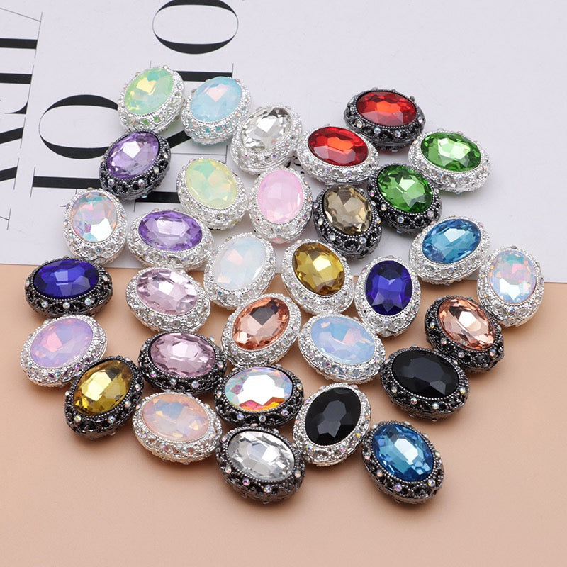 Bright Silver & Gun‑Black Metal Beads with Large Shiny Delicate Hollow Oval Rhinestone Inside,About 12×10mm