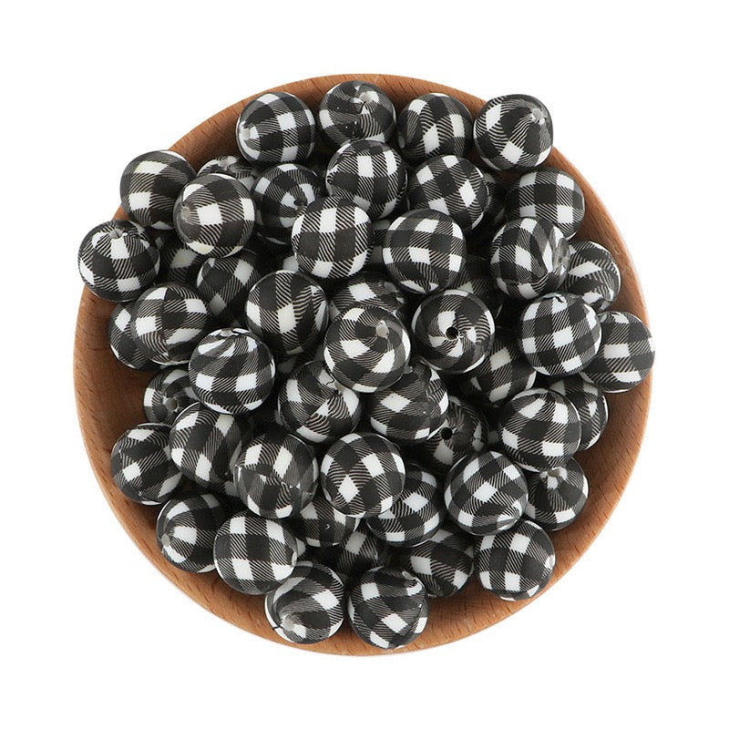 15mm White Cubes on Black Printed Round Silicone Beads