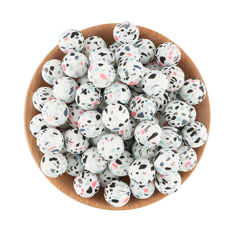 15mm Abstract White Printed Silicone Round Beads