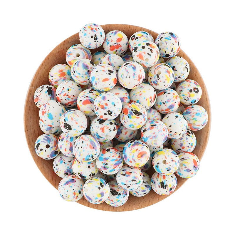 15mm White Base Rainbow Splatter Print Round Silicone Beads