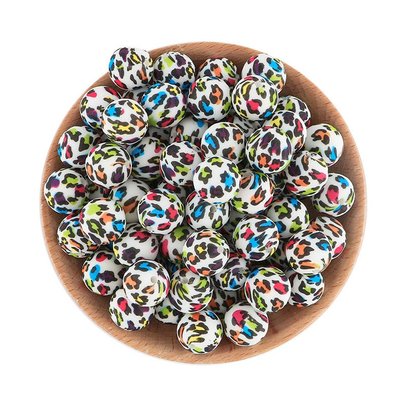 15mm White Base Rainbow Multicolor Leopard Print Round Silicone Beads