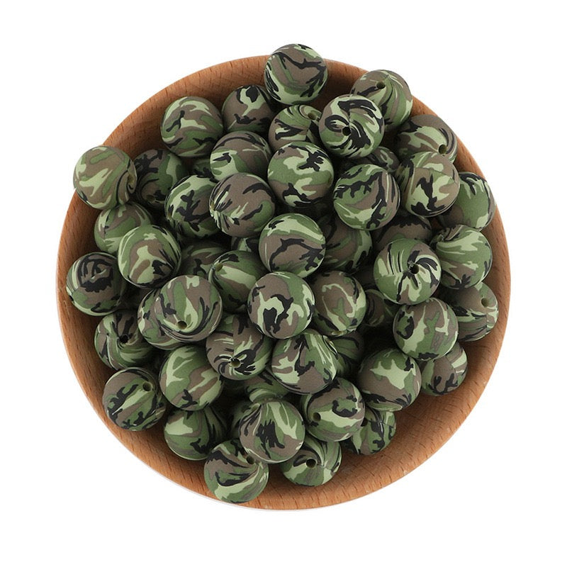 15mm Army Green Camouflage Round Silicone Beads