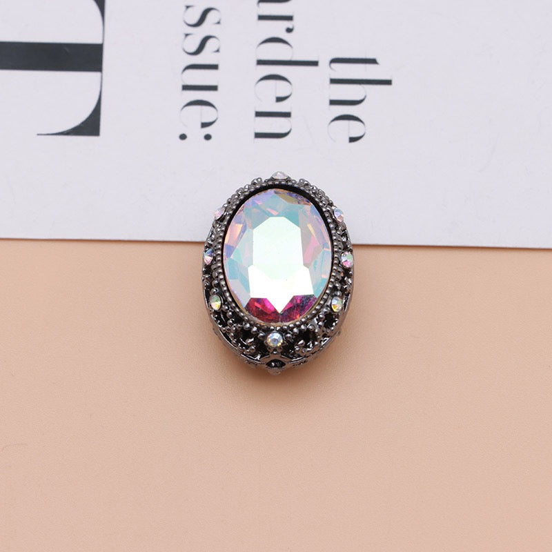 Bright Silver & Gun‑Black Metal Beads with Large Shiny Delicate Hollow Oval Rhinestone Inside,About 12×10mm