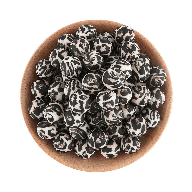 15mm Black‑White Tiger Print Round Silicone Beads