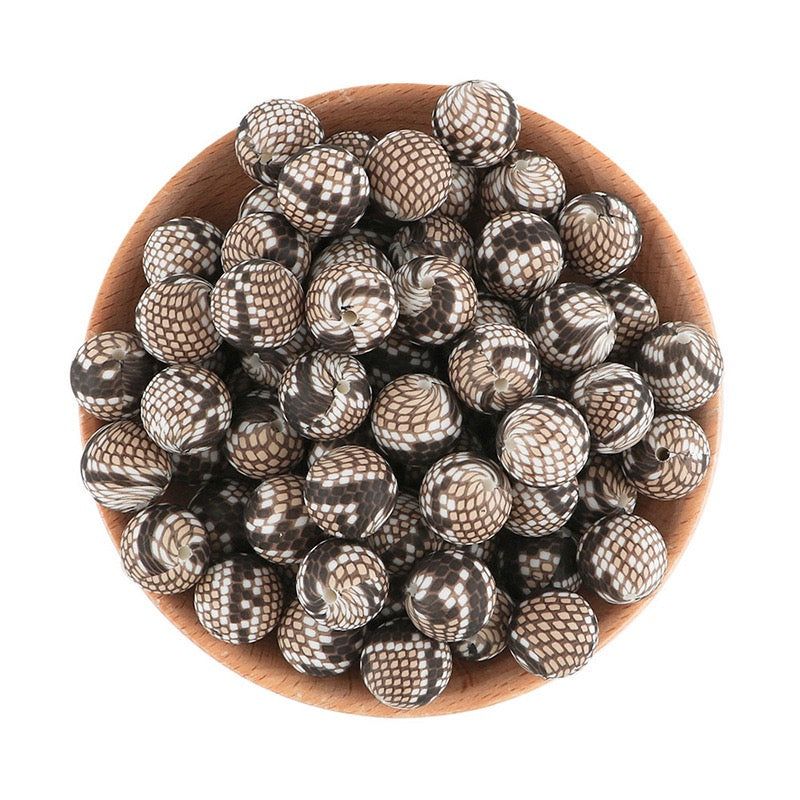 15mm Brown‑White Checkerboard Plaid Round Silicone Beads
