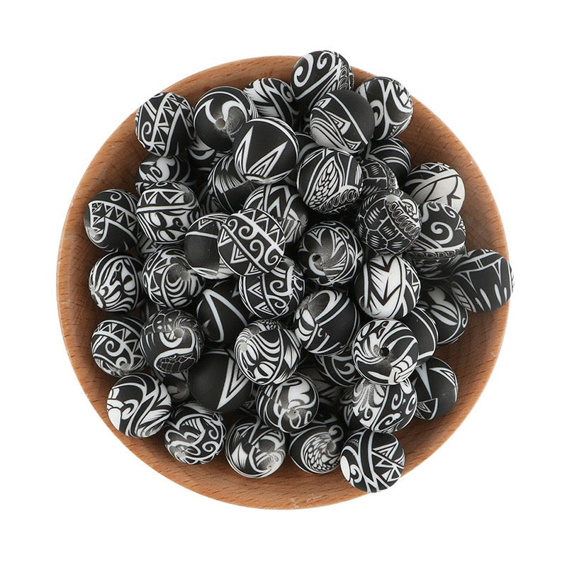 15mm Black‑White Tribal Ethnic Pattern Round Silicone Beads