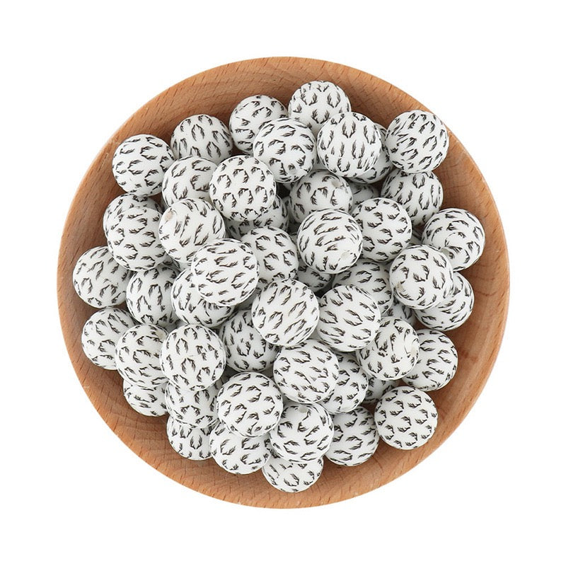 15mm White‑Base Black Leopard Print Round Silicone Beads