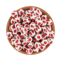 15mm White Base Strawberry Print Round Silicone Beads