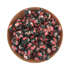 15mm Black‑Base Pink Floral Print Round Silicone Beads