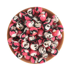15mm Pink‑Black Skull & Floral Print Round Silicone Beads