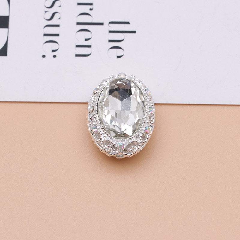 Bright Silver & Gun‑Black Metal Beads with Large Shiny Delicate Hollow Oval Rhinestone Inside,About 12×10mm