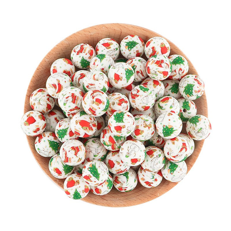15mm White Base Christmas Themed Print Round Silicone Beads