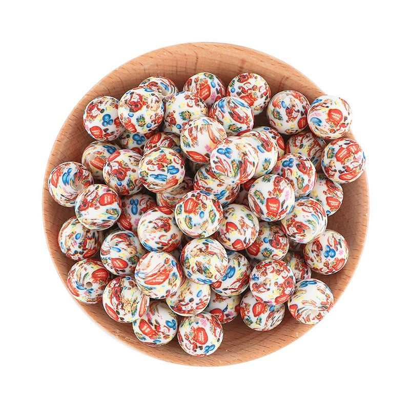 15mm Christmas Printed Round Silicone Beads