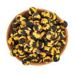 15mm Black‑Base Sunflower Print Round Silicone Beads