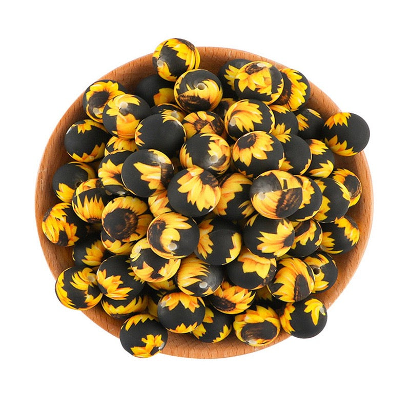 15mm Black‑Base Sunflower Print Round Silicone Beads