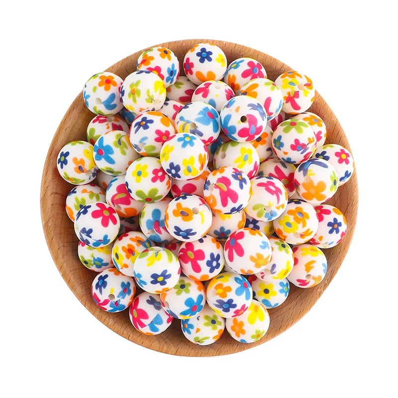 15mm Cute Colorful Flowers White Round Printed Silicone Beads