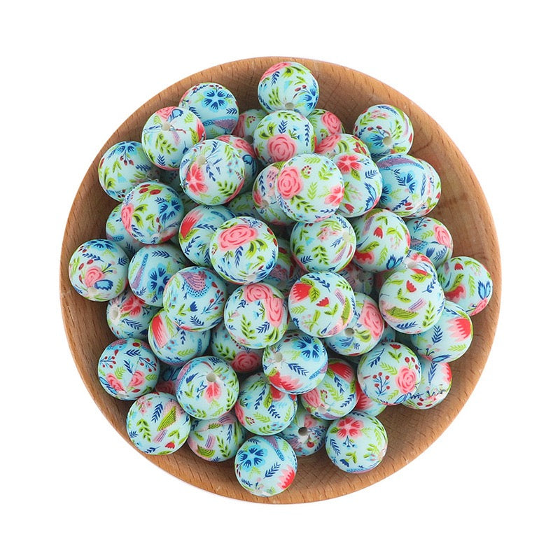 15MM Rose Flowers Print Silicone Round Beads