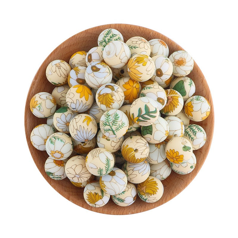 15mm Sunflower Daisy Print Round Silicone Beads