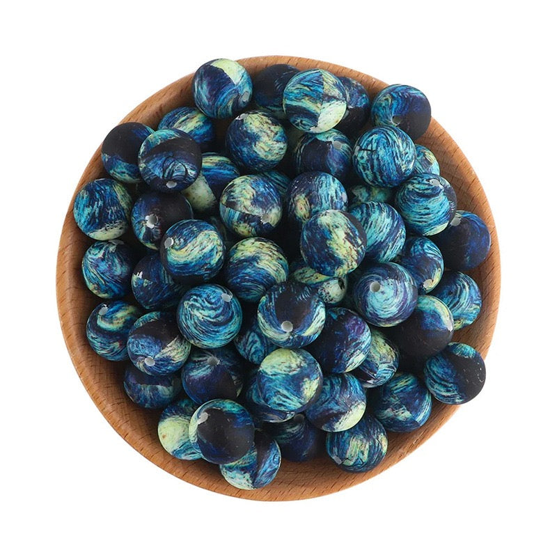 15mm Starry Sky Oil Painting Print Silicone Round Beads