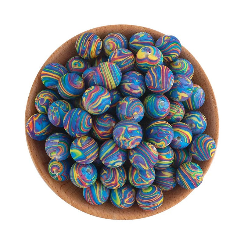 15mm Rainbow Swirl Marbled Silicone Round Beads