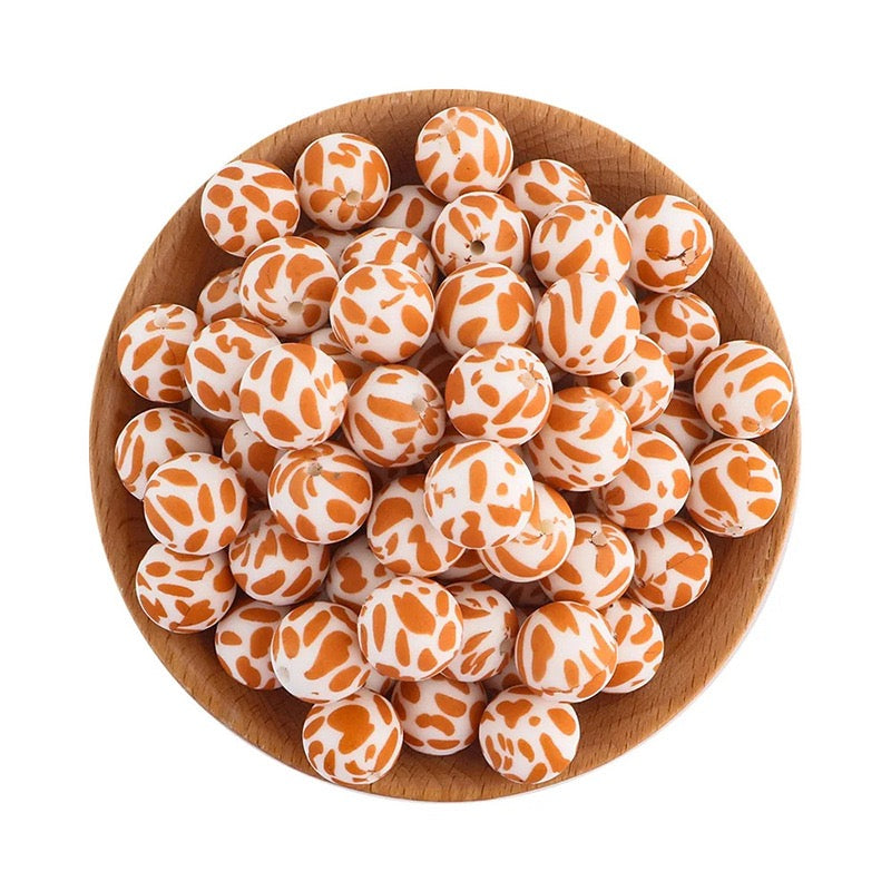15mm Orange Jaguar Print Silicone Round Beads