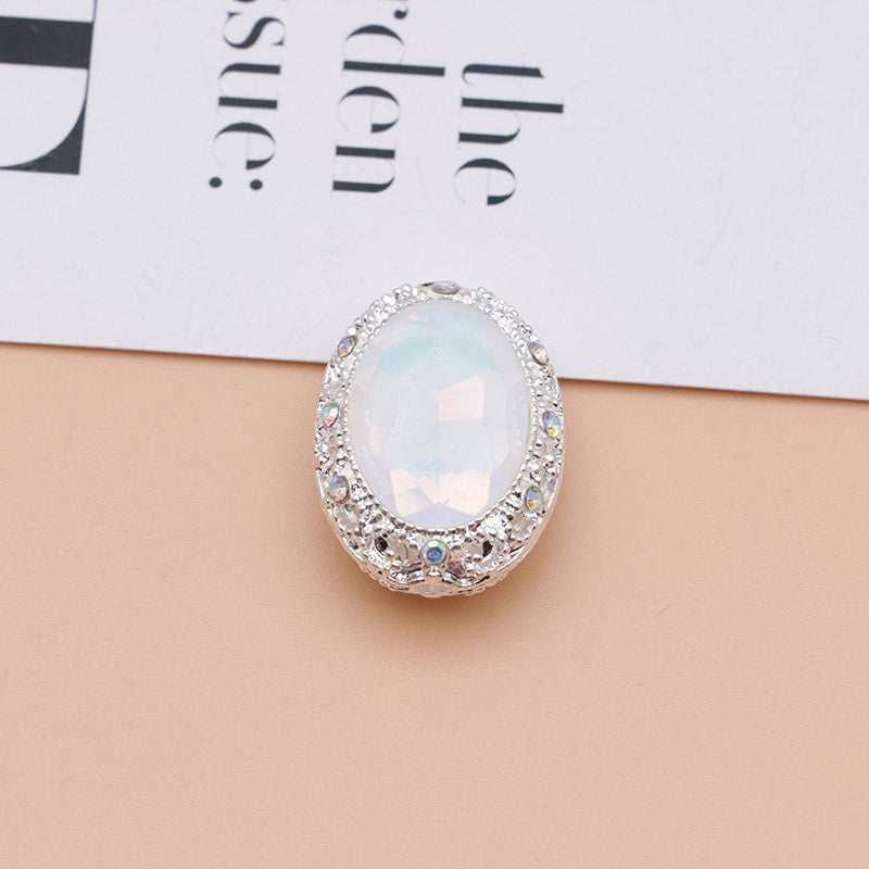 Bright Silver & Gun‑Black Metal Beads with Large Shiny Delicate Hollow Oval Rhinestone Inside,About 12×10mm
