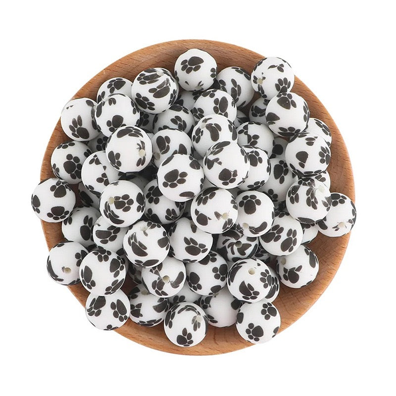 15mm Black‑White Paw Print Silicone Round Beads