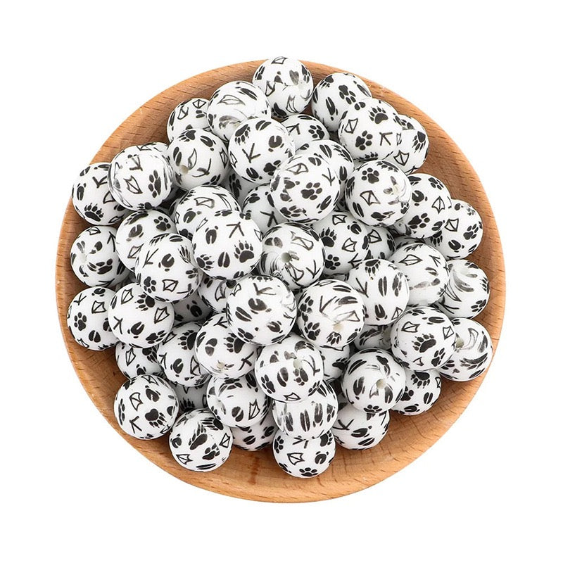15mm Paw‑Print & Geometric Symbol Silicone Round Beads