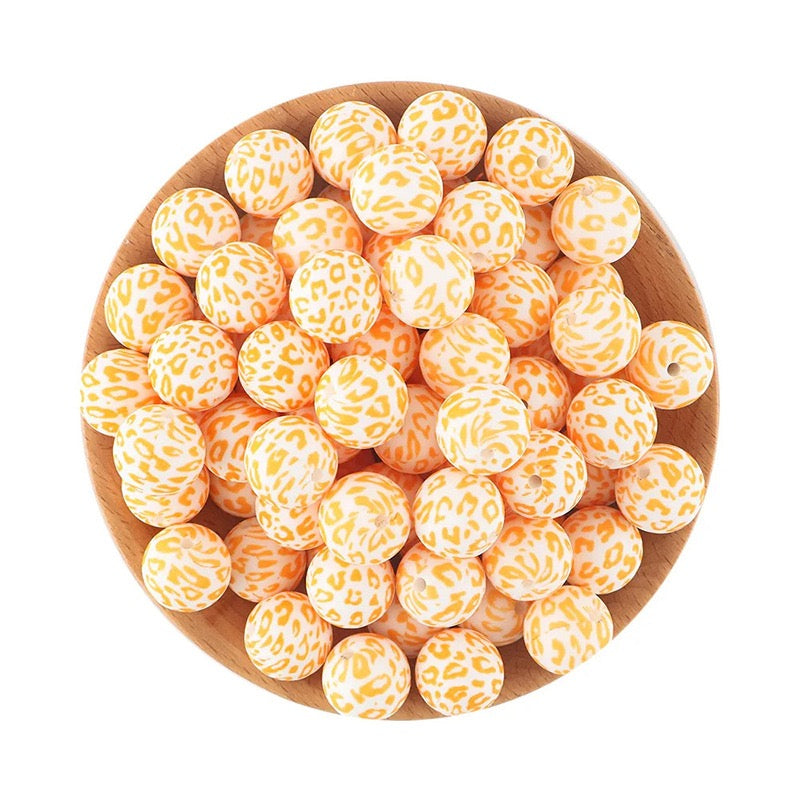 15mm Orange Yellow Leopard Print Silicone Round Beads